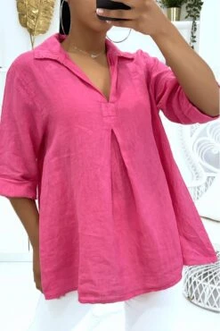 Blouse Oversize Fuchsia Longue à Col à Revers Et Manches à Boutons