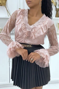 Blouse Volantée En Dentelle Rose