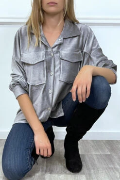 Chemise Over Size En Velours Gris Avec Poches