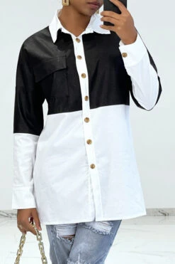 Chemise Oversize Bi-matière Blanche à Empiècement En Cuir Noir