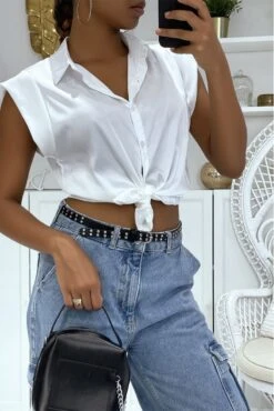 Chemise Satinée Blanche à Manches Courtes Couleur Vitaminée Hyper Tendance Cette été