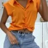 Chemise Satinée Orange à Manches Courtes Couleur Vitaminée Hyper Tendance Cette été