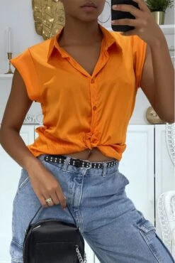 Chemise Satinée Orange à Manches Courtes Couleur Vitaminée Hyper Tendance Cette été