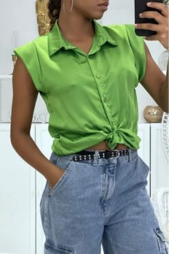 Chemise Satinée Verte Anis à Manches Courtes Couleur Vitaminée Hyper Tendance Cette été