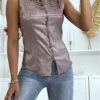 Chemise Taupe Sans Manches Avec Détails Brodés Style Officier 8047