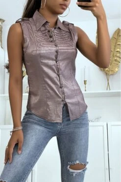 Chemise Taupe Sans Manches Avec Détails Brodés Style Officier 8047