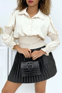 Chemisier Beige Bouffant à Col à Revers