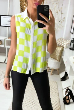 Chemisier Jaune Sans Manche à Imprimés Carreaux En Voilage.