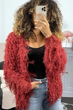 Gilet Bordeaux à Longue Frange Effet Mouton