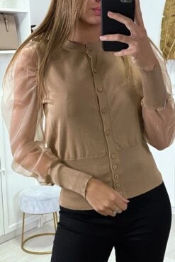Gilet Camel à Manches Transparentes En Tulle