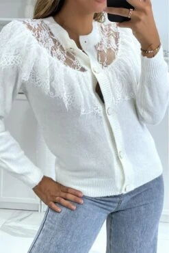 Gilet Chic Blanc En Dentelle Et à Volants
