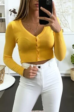 Gilet Court En Moutarde Avec Motif Dentelle Au Dos