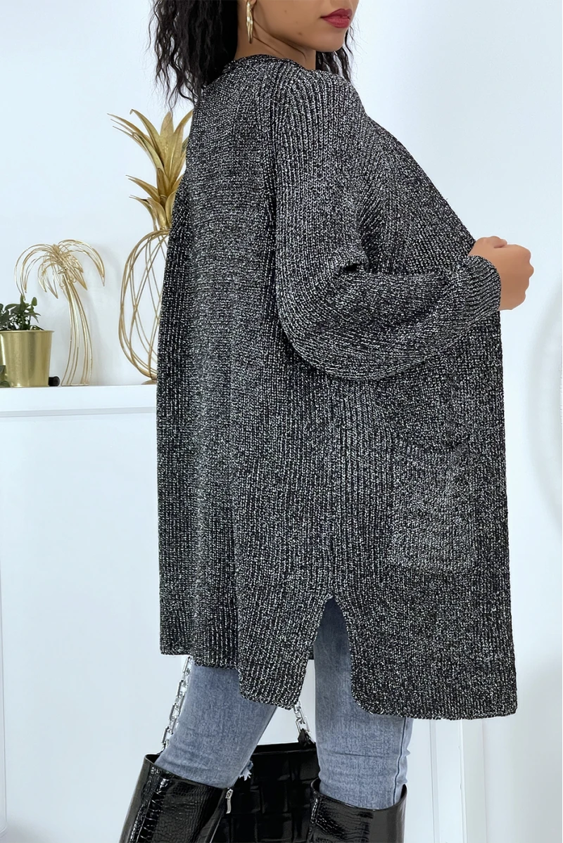 Gilet Mi-long Noir Argenté Pailleté Fendu Sur Les Côtés En Mailles Avec Manches Bouffantes – Image 3
