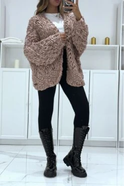 Gilet Rose Over Size Ă Grosse Maille, Fait Ă La Main