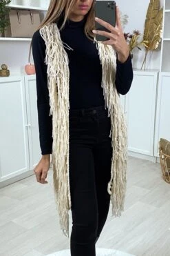Gilet Sans Manche Beige Ă Frange Ficelle
