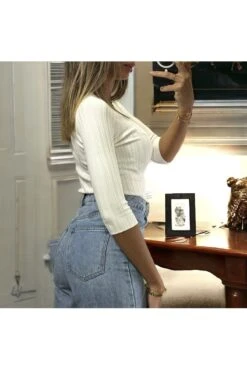 Haut Col V Manche 3/4 En Maille Côtelé Blanc Très Extensible