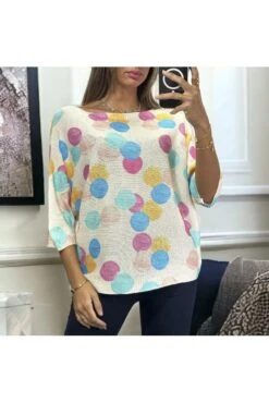 Haut Over Size Manche Chauve Souris Beige Avec Motif Bulle