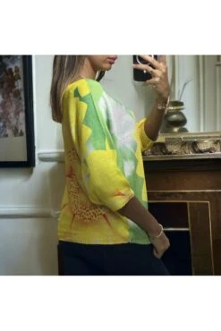 Haut Over Size Manche Chauve Souris Vert Motif Fleur En Maille Tricot