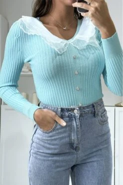 Haut Vert D'eau Côtelé Avec Col Claudine Et Boutons Doré