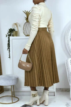Jupe Patineuse Plissée Camel Longue Effet Velours Avec Ceinture à La Taille