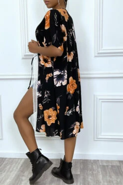 Kimono Noir Manches Courtes Motif Fleuri