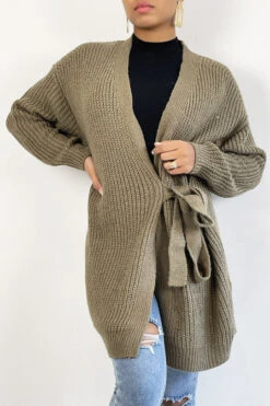 Long Gilet Cache Coeur Kaki épais Avec Ceinture Intégré