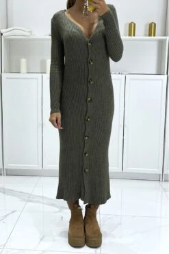 Long Gilet Kaki Côtelé à Fine Maille Et Col V