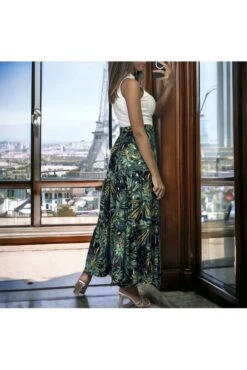 Longue Jupe évasé Moutarde Et Noir Motif Feuille