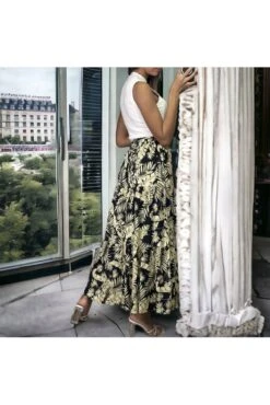 Longue Jupe Noir évasé Motif Feuilles