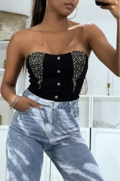 Magnifique Haut Noir Avec Boutons Et Strass. Top Femme Fashion Et Sexy 1896