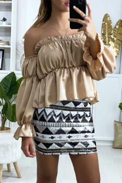 Mini Jupe Pailleté à L'avant Avec Motif à Dominance Noir