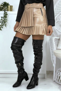 Mini Jupe Plissé Beige Avec Ceinture