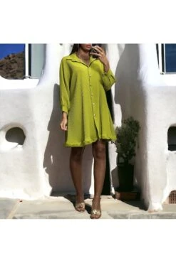 Robe Tunique Plissé Boutonné Anis