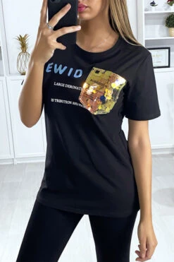 T-shirt Noir Avec écriture Et Motif En Paillette
