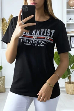 T-shirt Noir Avec écriture Et Strass