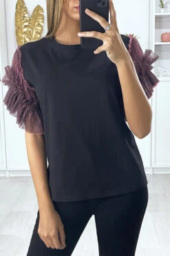 T-shirt Noir Avec Manches En Tulle Lila