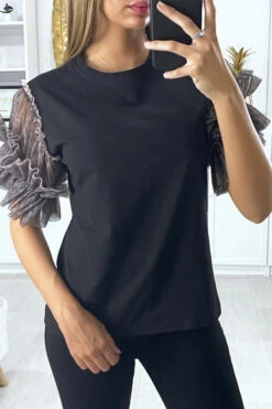 T-shirt Noir Avec Manches En Tulle Taupe