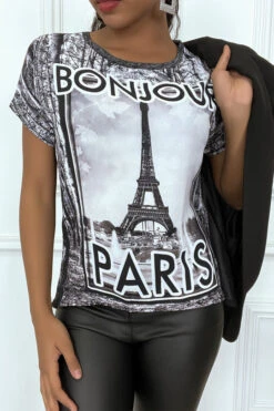 T-shirt Noir En Voilage à Motif Et Mancheron