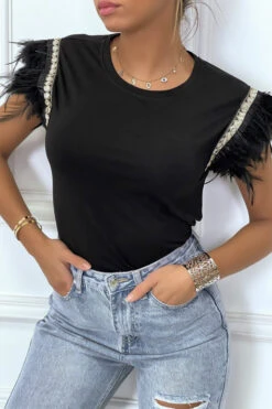 T-shirt Noir Sans Manches Avec Plumes Et Détails Doré