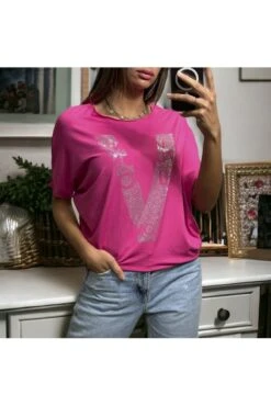 T-shirt Over Size En Coton Rose Avec Motif V Inspi En Strass