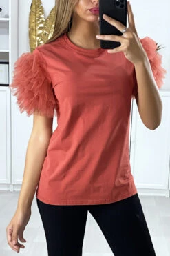 T-shirt Rouge Avec Manches Froufrou En Tulle