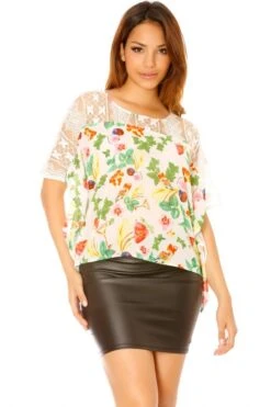 Tee-shirt à Fleurs Blanc Empiècement Dentelle. Top F6275