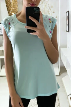 Tee Shirt Aqua Bleu Avec Strass Aux épaules