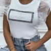 Tee-shirt Blanc à Strass Et Manches En Tulles