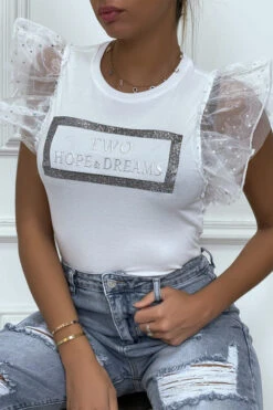 Tee-shirt Blanc à Strass Et Manches En Tulles