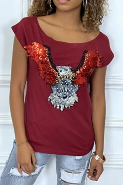 Tee-shirt Bordeaux à Dessins Aigle En Sequins Et Perles