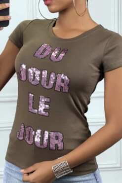Tee-shirt Kaki Avec écriture En Sequins Rose