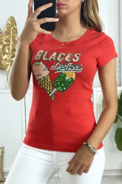 Tee-shirt Rouge Avec Dessin En Strass