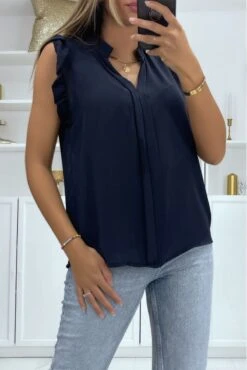 Top En Voile Transparent Marine Avec Bande Au Centre Du Top Et Col V