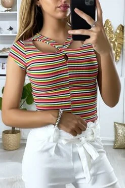 Top Multicolore Rose Corail Croisé Au Buste